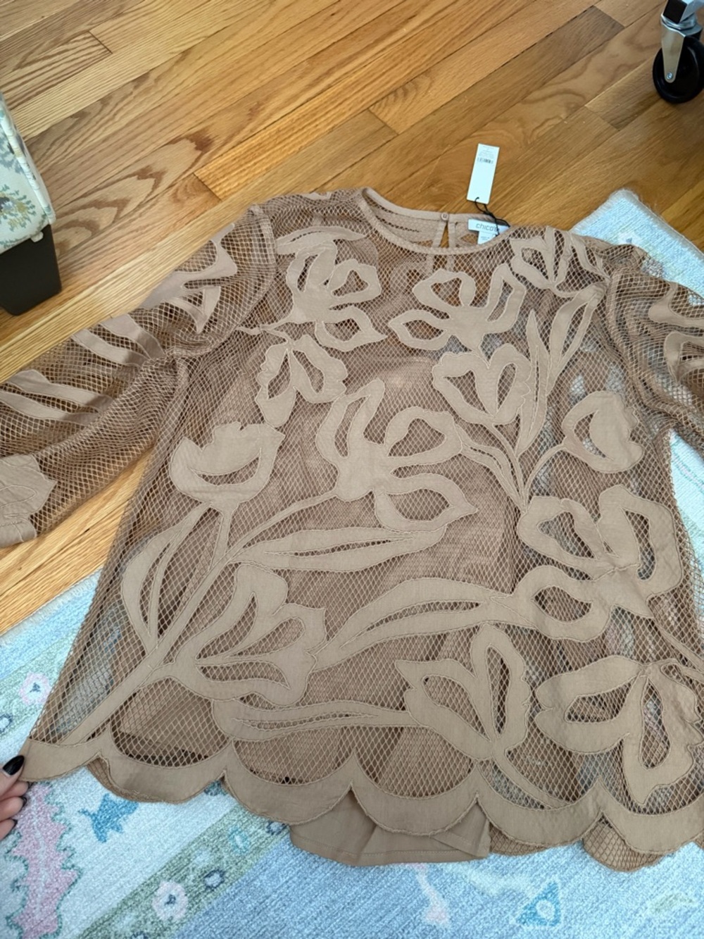 Chico's Taupe Mesh Floral Overlay Top